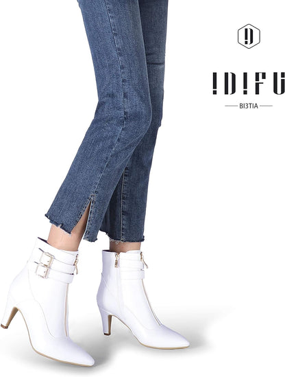 Women'S Pointed Toe Metal Buckle Two Strap Ankle Booties Side Zipper Kitten Heel Dress Classic Short Boots