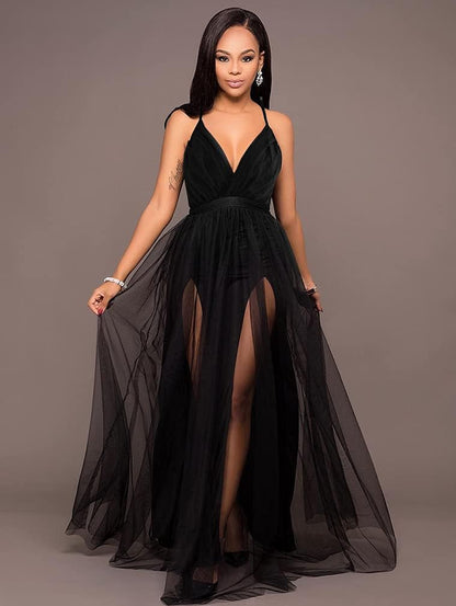 Womens Sexy Deep V Neck Split Cocktail Formal Prom Maxi Dress | Sleeveless Bridesmaid Wedding Guest Party Adjustable Spaghetti Strap
