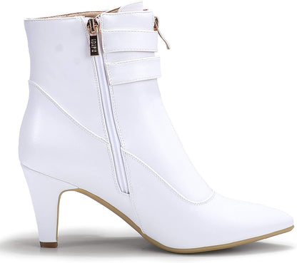 Women'S Pointed Toe Metal Buckle Two Strap Ankle Booties Side Zipper Kitten Heel Dress Classic Short Boots